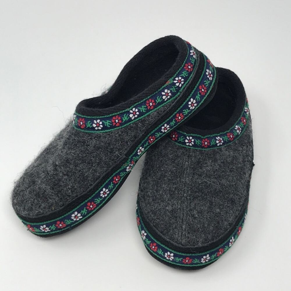 Kids Acorn Gray Wool Slippers floral trim 9.5-10.5